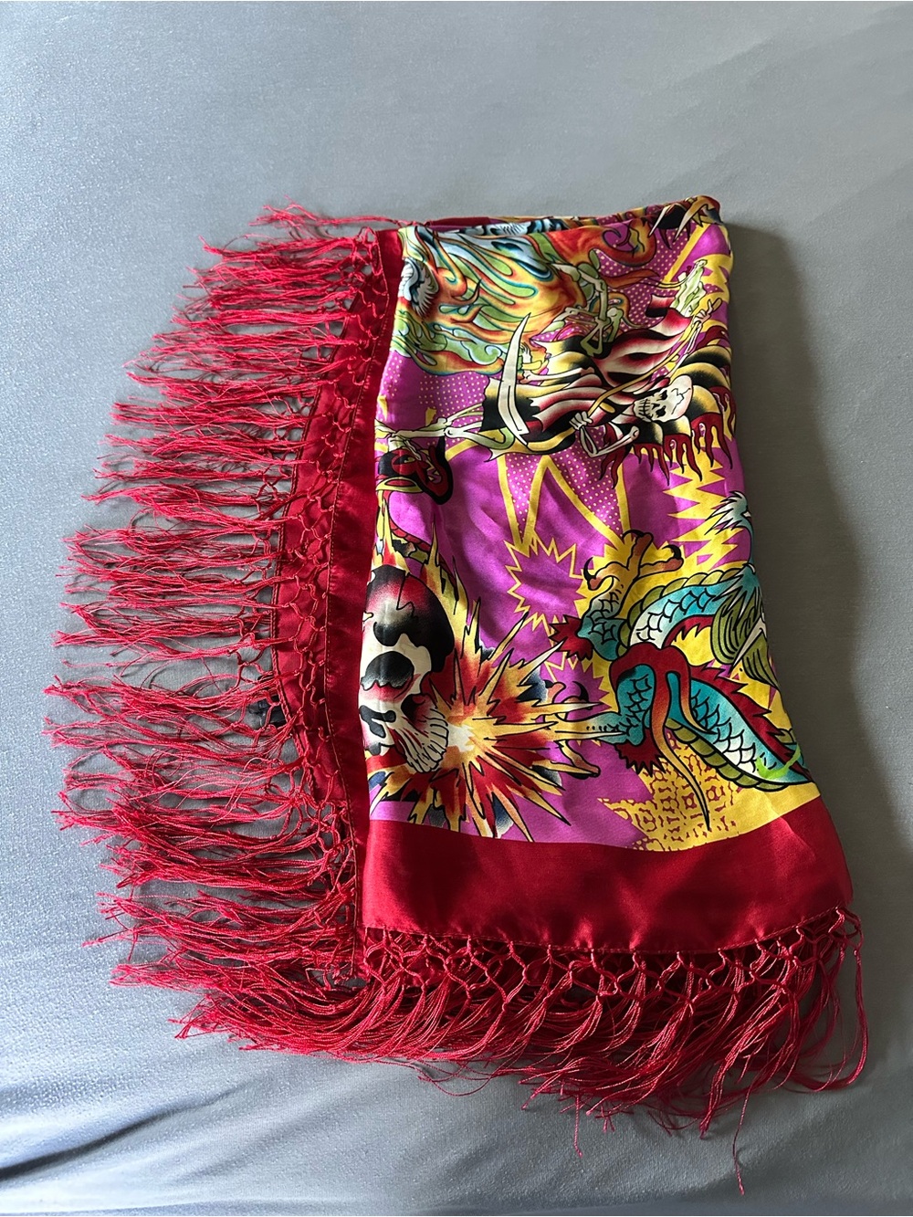 Ed Hardy Y2K Red Pink Yellow Graphic Fringe Scarf Wrap